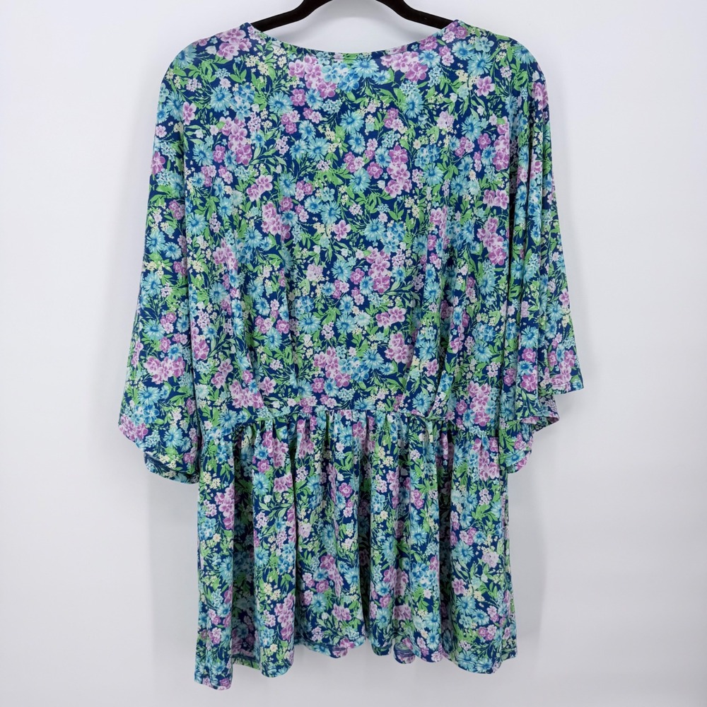 Floral V-Neck Smocked Waist Blouse - Blue / Pink - Picture 4 of 5